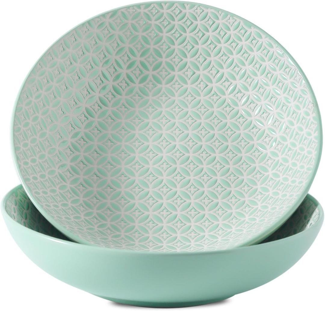 Ceramic 8in Large Soup Bowls- 28oz Wide and Shallow Ramen Bowls for Salad, Cereal, Fruits, Pasta, Dishwasher & Microwave Safe, Green, 2 Pack