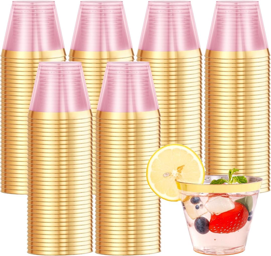supernal 100 Pcs Pink Plastic Cups, 9oz Pink Disposable Cups with Gold Rim, Plastic Wine Cocktail Glasses Perfect for Party, Wedding and Birthday, Cute Cocktail Party Cup Disposable