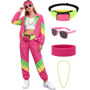 SOMSOC 7 Pieces 80s Tracksuit for Women 90s Windbreaker Sweatpants Outfit Color Block Jacket with Fanny Pack Accessories, Medium