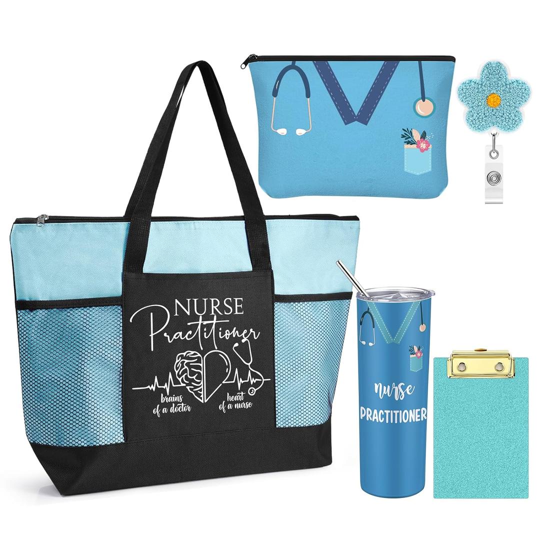 Sieral 5 Pcs CNA Week 2026 Gifts Bulk Nurse Practitioner Tumbler Tote Makeup Bag Badge Clipboard for Women Men Appreciation(Blue)