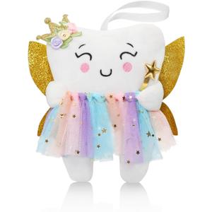 Tooth Fairy Pillow with Shiny Wings Embroidered Tooth Fairy Doll with Pocket Crystal Velvet Tooth Fairy Souvenir Boy Girl Gift (White) (Second Edition)
