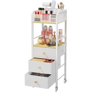 HapiRm Rolling Makeup Cart Organizer - Floor Skincare Make Up Storage with 3 Non-woven Fabric Drawers, Vanity Organizer Cosmetic Display Cases Holder for Skin Care Perfume Nail Polish Brush Hair Tool (Natural)