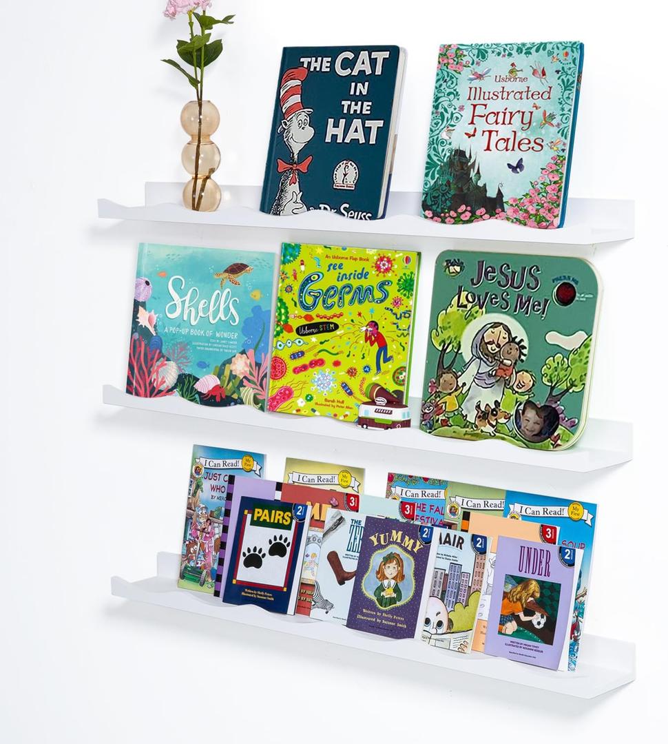 Floating Bookshelf for Kids, Cloud Picture Ledge Shelf - White, 35.4 Inches, Nursery Book Shelves Set of 3, Baby & Toddler Room Decor