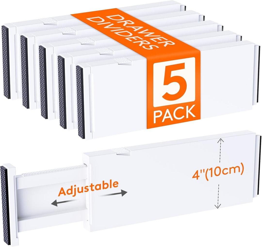 Lifewit 5 Pack Drawer Dividers 4" High, 11-17" Adjustable Dresser Drawer Organizers for Clothes, Expandable Dresser Separators in Bedroom/Bathroom/Kitchen/Vanity/Office Organization and Storage, White (4"High, 11-17"Long)