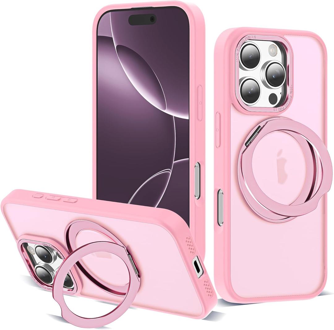 for iPhone 16 Pro Case with 360 Rotatable Magnetic Ring Stand Compatible with Mag-Safe Military Protection Shockproof Matte Translucent Phone Case for iPhone 16 Pro, Pink