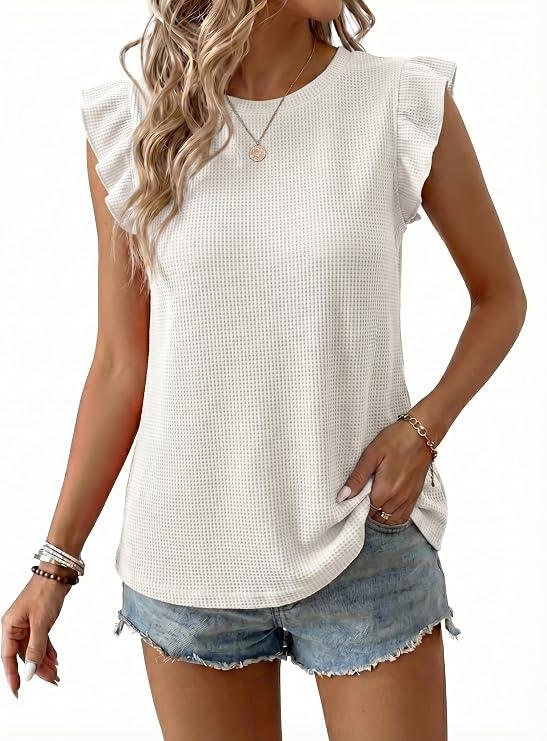 BLENCOT Tank Top for Women Trendy Sleeveless Loose Ruffle Sleeve Casual Waffle Basic Summer Spring Tops, Size XL