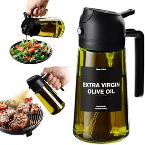 CXINYI - 16 oz/470 ML Olive Oil Dispenser for Kitchen with Stickers - 2 in 1 Olive Oil Sprayer for Cooking, Air Fryer, and Salad, Black (Light-Proof Kitchen Gadget)