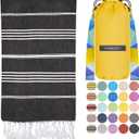 Madamelique Turkish Beach Towel with Beach Bag - 39 x 74 - Prewashed Beach Towels Oversized -%100Cotton - Quick Dry - Sand Free - Hand Loomed Turkish Bath Towels - Unique Towel (Black)