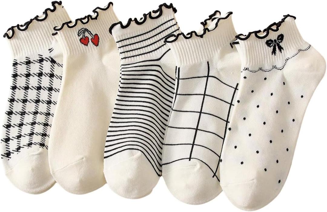 GORGLITTER Women's 5 Pairs Crew Socks Vintage Cute Patterned Casual Dress Ankle Socks (L)