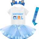 K-Acc Birthday Girl Outfit - T-Shirt, Blue Ears, Tutu Dress, Satin Sash – Gifts for Girls Birthday Party (9-10 Years, White)