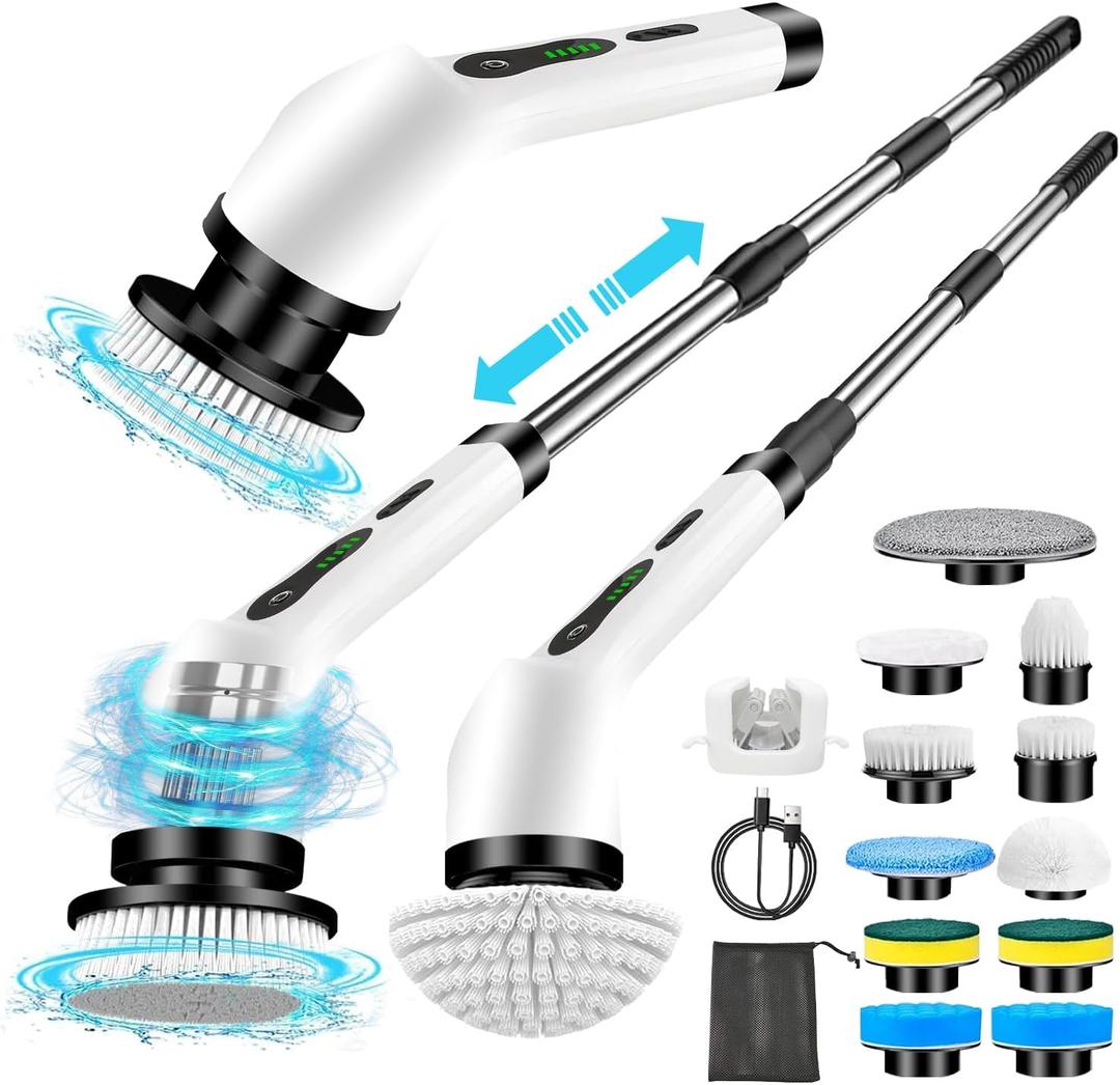 Electric Spin Scrubber 2024 Upgraded Adjustable Cordless Cleaning Brush with 11 Replaceable Brush Heads 2 Speeds Shower Scrubber with Long Handle Extension Arm for Bathtub Tile Floor Kitchen Car (Yjh-jjamz0001)