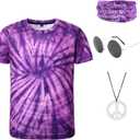 Inrajoper Boys 60s 70s Outfits 4 Pcs Hippie Costume Accessories Kids Colorful Tie Dye Tshirt for Theme Party 4-5 Years Purple
