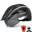 VICTGOAL Bike Helmet with USB Rechargeable Rear Light Detachable Magnetic Goggles Removable Sun Visor Mountain & Road Bicycle Helmets for Men Women Adult Cycling Helmets (XL: 59-63 cm, Black White)