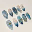 30Pcs Handmade Blue Press on Nails with Medium Almond Fake Nails with Gold Beads Charms Rhinestones Designs 3D Butterfly Flower Star Pearl Pattern Full Cover French Nail Tip Glue on Nails for Women