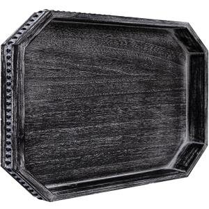 MAONAME Wood Serving Tray, Farmhouse Wooden Tray for Coffee Table, Octagonal Beaded Trays, Vintage Black Decorative Trays for Living Room, Kitchen, 15.7" X 10.2" X 1.6"