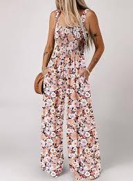Happy Sailed Jumpsuits for Women Summer Casual Floral Print Sleeveless Jumpsuit High Waist Wide Leg Pant Rompers with Pockets Small