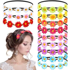 24 Pcs Flower Headbands for Women Elastic Hippie Floral Crowns Baby Shower Favors Fairy Crown Decorations Boho Birthday Headpiece for Baby Bridal Shower 70s Hawaiian Party Wedding Photography(Vivid)