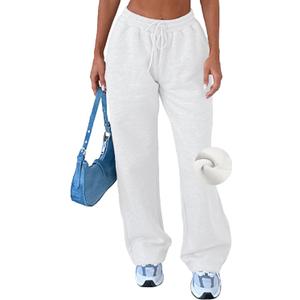 AROGONE Women's Fleece Lined Sweatpants Baggy Straight Wide Leg Drawstring Winter Warm Sweat Pants with Pockets (Large, White)
