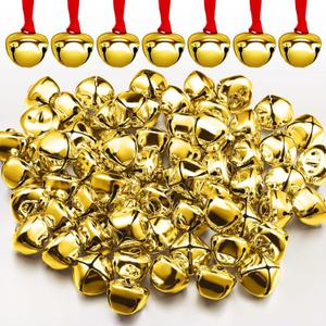 Syhood 100 Pieces Christmas Believe Bell Ornaments Gifts Bulk Polar Santa Sleigh Bells 1.5'' Christmas Tree Decorations Xms Party Gifts Favors Stocking Stuffers (Gold)
