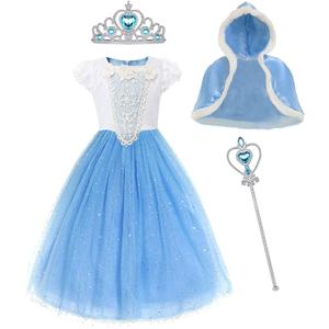 MYZLS Cinderella Princess Dress Girls Fancy Party Costume Christmas Cosplay Dress Up Outfit for 3-8 Years (6-7 Years, Blue/4 Pcs)