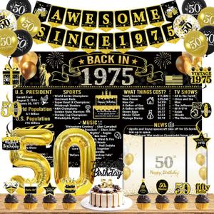 Trgowaul 50th Birthday Decorations for Men Women, 32PCS Back in 1975 Birthday Party Supplies, Vintage Black Gold Birthday Banner, 50th Birthday Alternative Signature Guest Book, Cheers to 50 Years Old