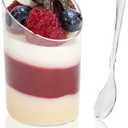 TOFLEN 100 Pack Mini Dessert Cups with Spoons, 2.2 oz Round Plastic Dessert Shooter Cups Slanted Appetizer Cups for Party Serving Jello Parfait Triffle