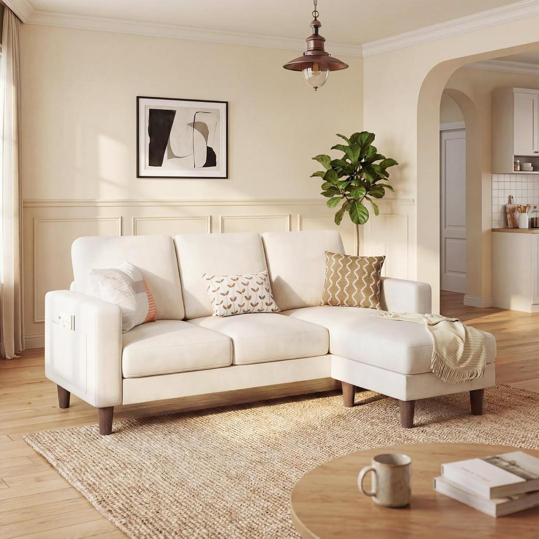 Homall 3 Seat Couch L Shape Sofa with Side Storage Pockage, Sectional Couches with Reversible Ottoma, Upholstered Sofa for Living Room and Small Spaces (Linen Fabric, Cream)