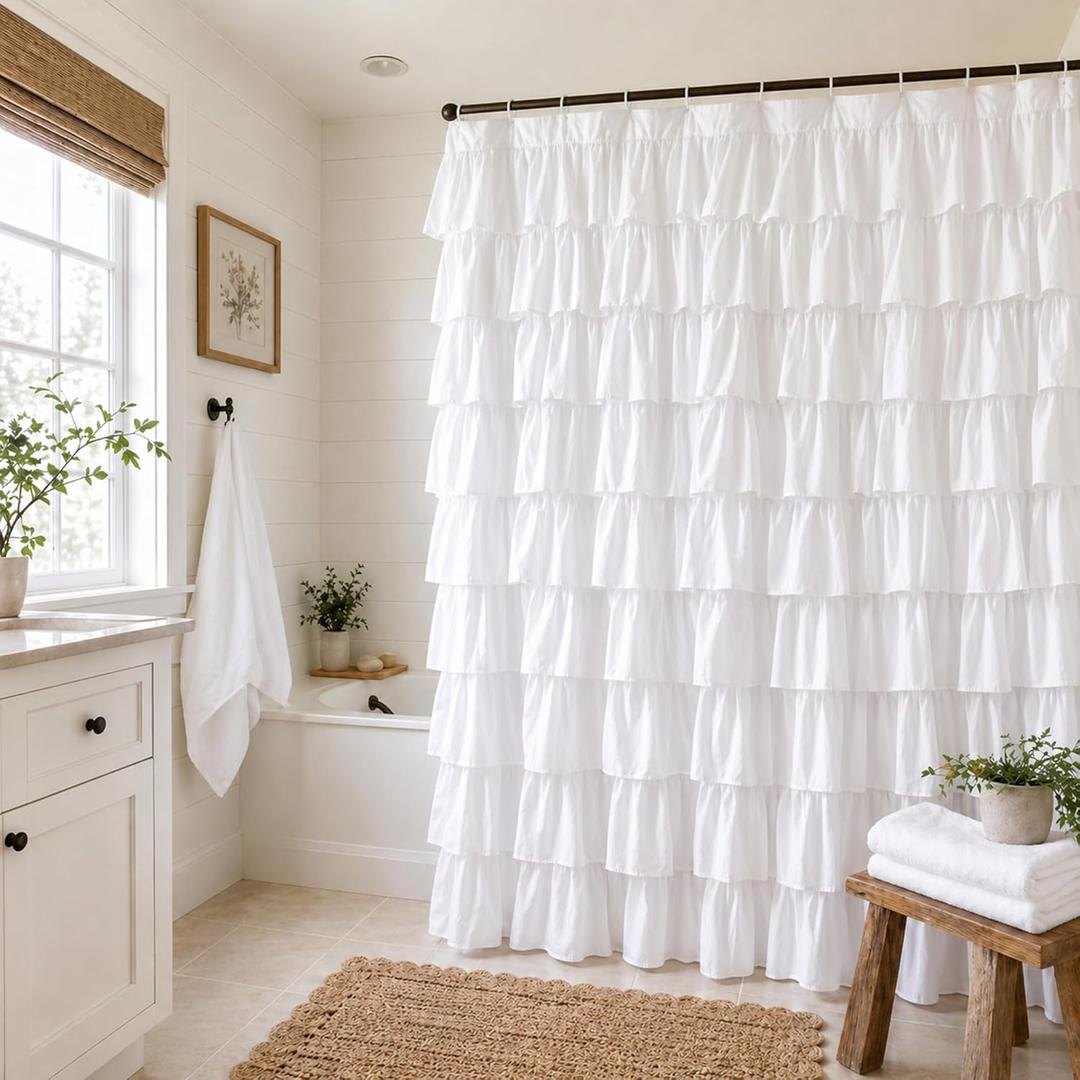 White Ruffle Shower Curtain - Farmhouse Cloth Bathroom 72 x 72 Inches Texture Fashion, Double Layer Fabric, Soft Feel, not See Through.