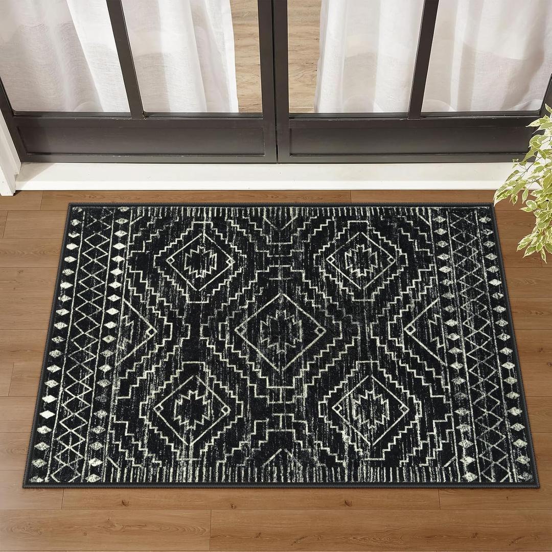 Wonnitar Moroccan Bathroom Rug,Washable 2x3 Small Bath Mat, Boho Tribal Soft Kitchen Sink Mat, Non-Slip Geometric Entry Way Rug, Low-Pile Indoor Carpet for Bedside Entrance Laundry (Black,2'x3')