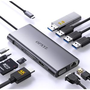 OPXYL 11-in-1 USB C Hub Multiport Adapter, USB C Docking Station with 4K HDMI, VGA 1080P, 100W PD, Ethernet, SD/TF, Audio, USB 3.0 Port, Laptop Dock for MacBook Pro/Air, iPad, Windows (Grey)