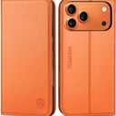 SHIELDON Real Leather Wallet Case for iPhone 17 Pro Max 6.9" 5G 2025 | Kickstand, RFID Blocking Credit Card Holder, Magnetic Closure, Folio, Shockproof Protective Phone Cover - Orange