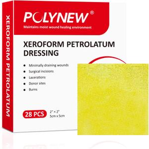 Xeroform Petrolatum Dressing 2"x2", 28 PCS Non-Adherent Gauze for Low Exudating Wounds, Fine Mesh Gauze Pads for Burns, Abrasions, Lacerations, Skin Grafts and Surgical Incisions