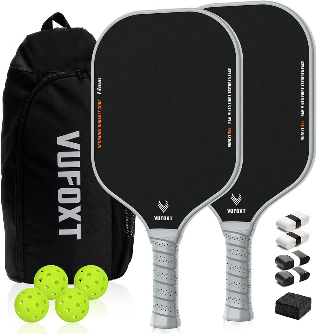 Pickleball Paddles Set of 2, Lightweight Raw Carbon and Glass Fiber Surface Pickleball Racket Set with 14mm PP Honeycomb Core, USAPA Compliant, 4 Pickle Balls, 4 Tapes, 1Bag, 1 Paddle Cleaner