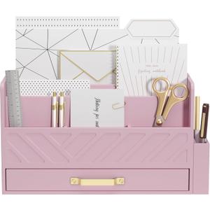 WISUCART Bamboo Desk Organizer Mail Holder Countertop Wood Desk Drawer Tabletop Storage Box Pen Holder Letter Sorter Makeup Organizer for School Home Office Supplies with Pen Holder Pink