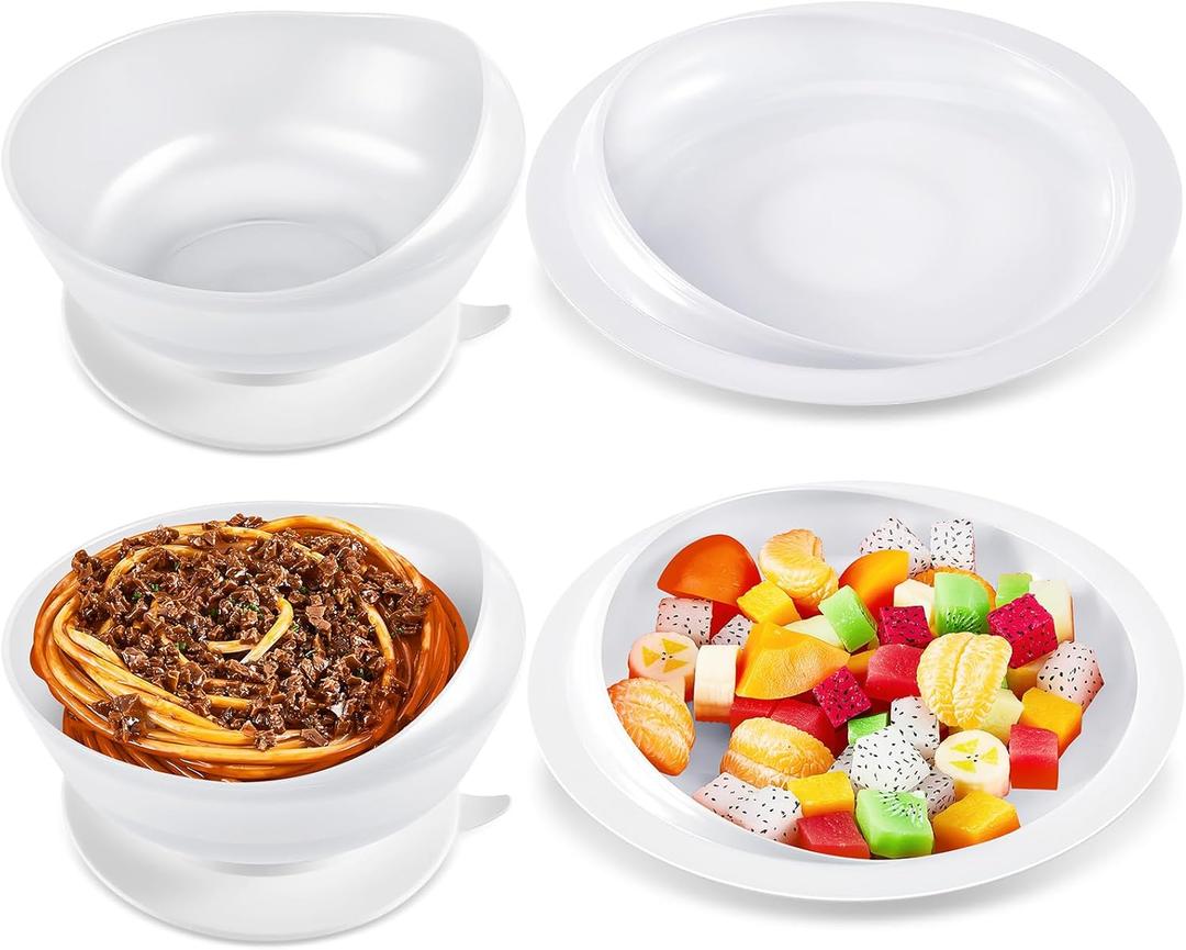 Hushee Adaptive Spill Proof Scoop Bowl and Plate Set with Suction Base Non Skid Self Feed Dinnerware for Elderly Disabled Handicapped from Parkinsons, Dementia, Stroke, Tremor(2 Sets,White)