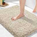Yimobra Bathroom Rugs Non Slip Washable, Ultra Soft and Water Absorbent Bath Mats, Plush Fluffy Shower Mat Outside, Microfiber Thick Matts for Bathroom Floor/Sink, 24x17, Light Beige and White