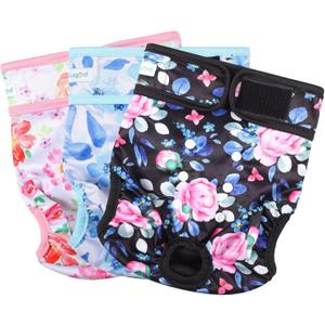 Paw Legend Washable Reusable Female Dog Period Diapers for Heat Doggie Puppy Diapers for Female Dogs (3 Pack, Small) (Small (11.5''-15'' Waist), Peony Flower)