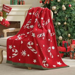 Amlie Home Christmas Knit Throw for Couch, Reversible Soft Cozy Chenille Blanket for Home Decor Gift for Family, 50" x 60", Red Christmas Candy Cane