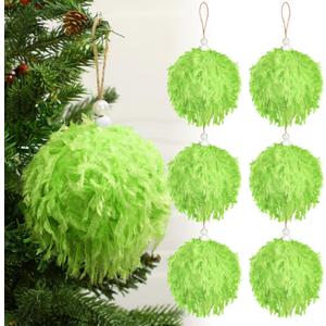 6 Pcs Furry Christmas Ball Ornaments 3.15 Inch Fuzzy Curly Ornaments Christmas Tree Hanging Decorations Soft Pom Pom Ball Xmas Ornament Pendants for Party Supplies(Green)