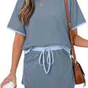 Opemiby Women's 2 Piece Sets Summer Casual Short Sleeve Tops and Matching Drawstring Skort Going Out Gray Blue Lounge Outfits 2XL