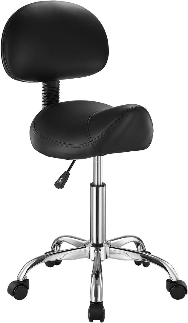 VEVOR Saddle Stool with Back Support and Wheels, 450 LBS Weight Capacity Ergonomic Rolling Stool, Height Adjustable Thickened PU Leather Swivel Saddle Chair for Salon, Spa, Massage, Tattoo, Black