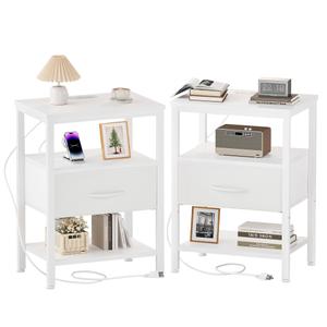 DUMOS Nightstand with Charging Station, Bedside Table with 1 USB-A, 1 USB-C & 2 AC Outlets, Fabric Drawer with Adjustable Open Shelf, Compact End Table for Bedroom, White