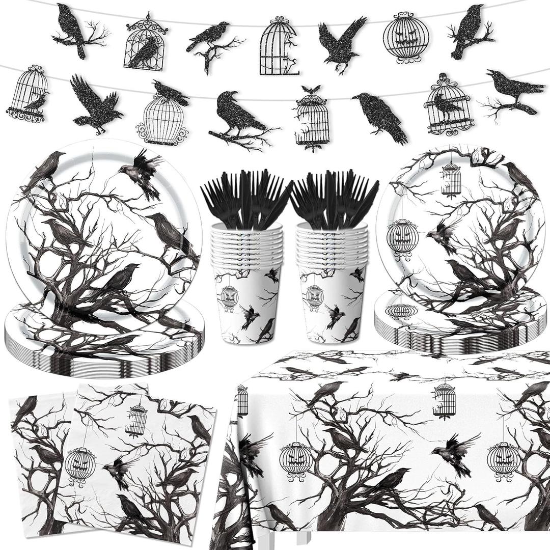 Halloween Party Decorations Crows Tableware 142Pcs Gothic Halloween Plates and Napkins Silhouette Tree Crow Bird Cage Banner Tablecloth for HALLOWEEN Horror Theme Party Supplies