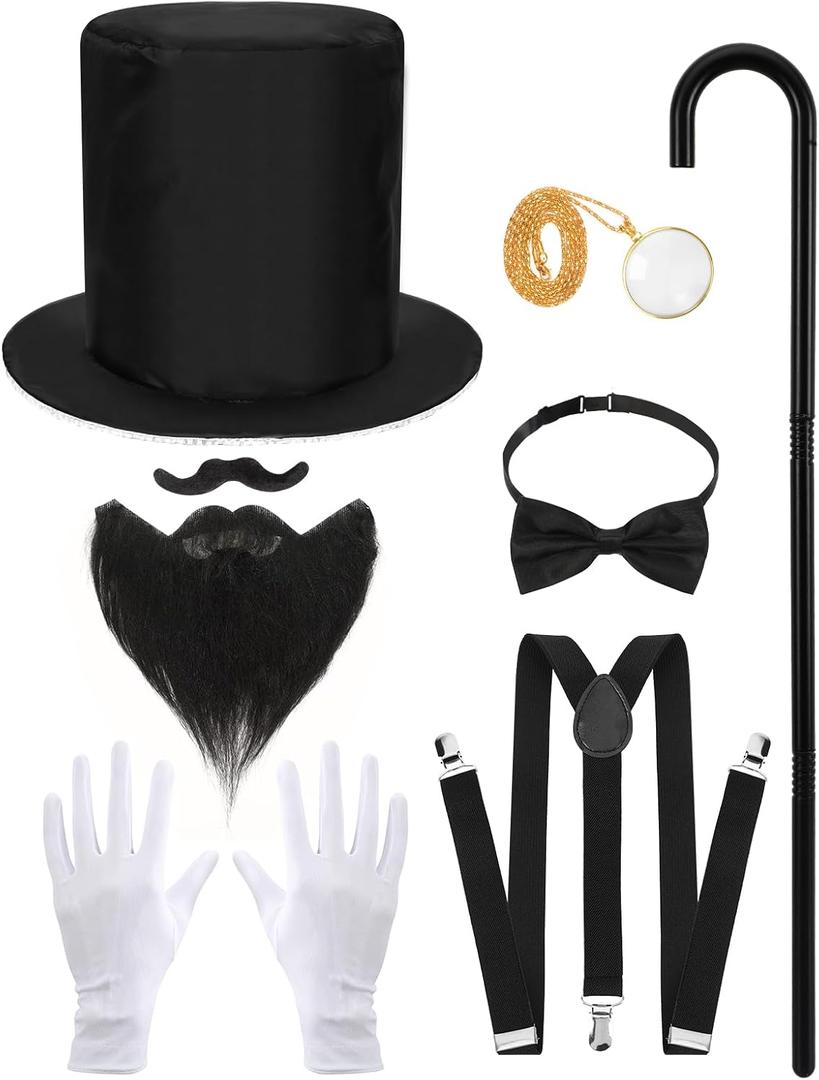 8 Pcs Abe Cosplay Accessories - Gentlemen Costume 1920s Gatsby Men Accessories: Tall Hat, Fake Beard, Bow Tie, Scepter, Magnifying Glass, Necklace, Gloves