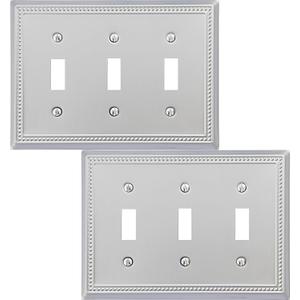 Triple Toggle Light Switch Cover Belaire Beaded Metal Wall Plate, 2-Pack Brushed Nickel 3 Gang, Light Switch Cover Decorative Wallplate, Durable