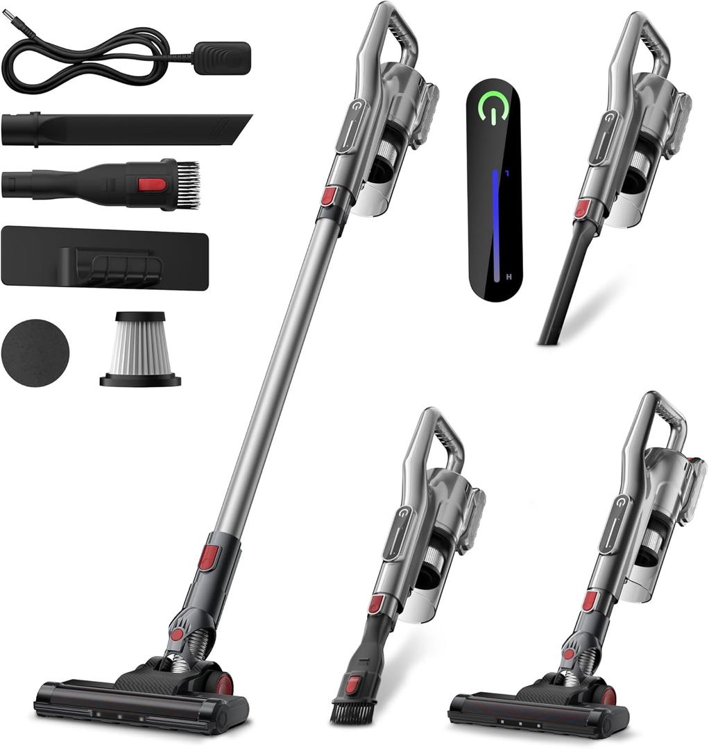 Cordless Vacuum Cleaner, Lightweight Stick Vacuum Cordless Rechargeable with LED Touch Screen, 2 Modes Powerful Suction Vacuum Cleaners for Home Pet Hair, Carpets, Hardwood Floors (Red)