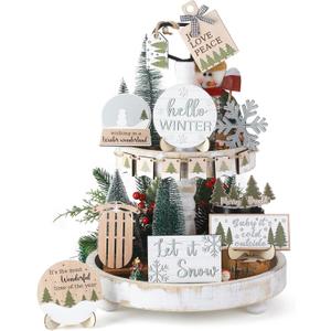 Thyle 16 Pcs Winter Tiered Tray Decor Set Hello Winter Snowman Snowflakes Wooden Sign Christmas Tiered Tray Decor Let It Snow Table Centerpieces Rustic Farmhouse Decoration for Table Home Kitchen Gift