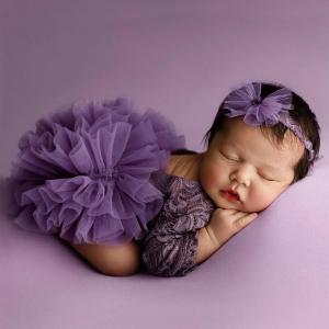 Newborn Photography Outfits Girl Baby Photography Props Lace Romper with Headress Newborn Outfits Girls Photo Props (Purple)