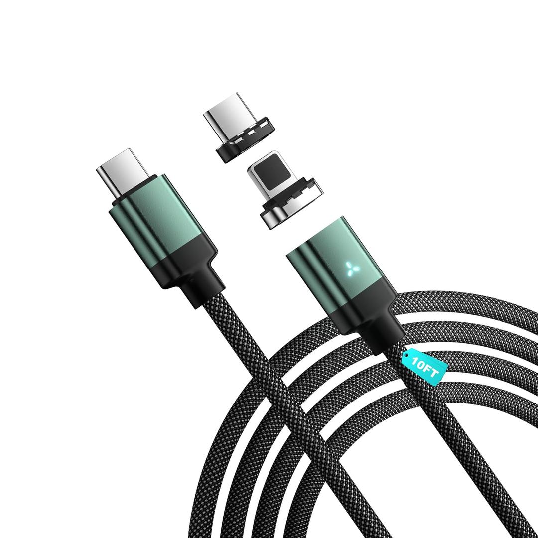 ZBF 100W USB C Magnetic Charging Cable,2 in 1 Magnetic Phone Charger Cable for Type C(1- Pack 10FT),USB-C to USB-C Cable 5A Fast Charging for Phone 17 16 15,14,13 Pro Max, Mac Book Pro,Pad