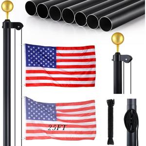 FuWeave Flag Poles for Outside House in Ground 25 ft Sectional Flag Pole Kit Extra Thick 16 Gauge Heavy Duty Aluminum Flag Pole with Gold Ball Top for Residential or Commercial(Black)